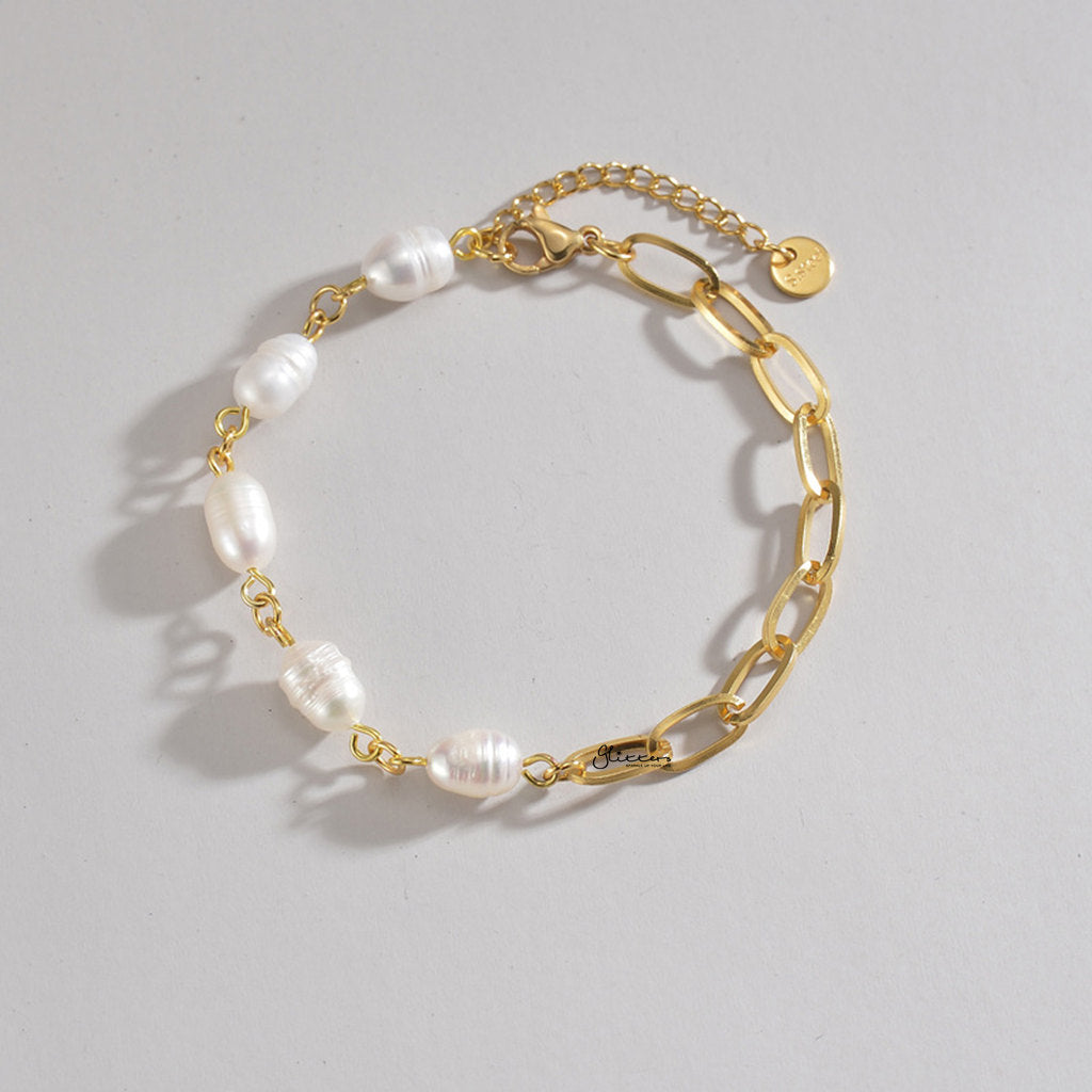 Stainless Steel Freshwater Pearls Bracelet - Gold-Stainless Steel Bracelets-3-Glitters