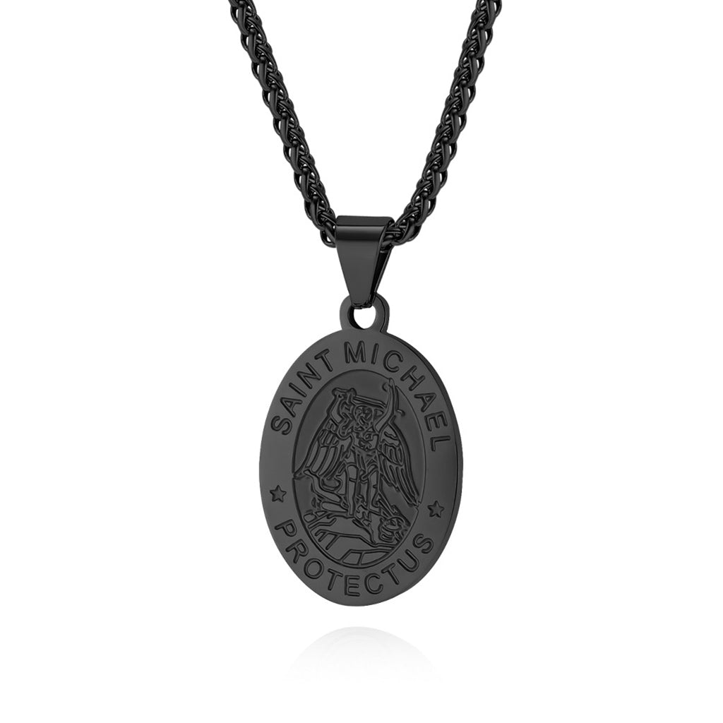 Stainless Steel St. Michael Oval Shape Pendant - Black-Pendants-1-Glitters