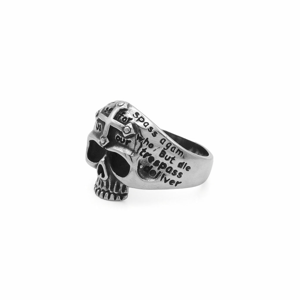 Stainless Steel Skull Ring with Cross and Script Engraving