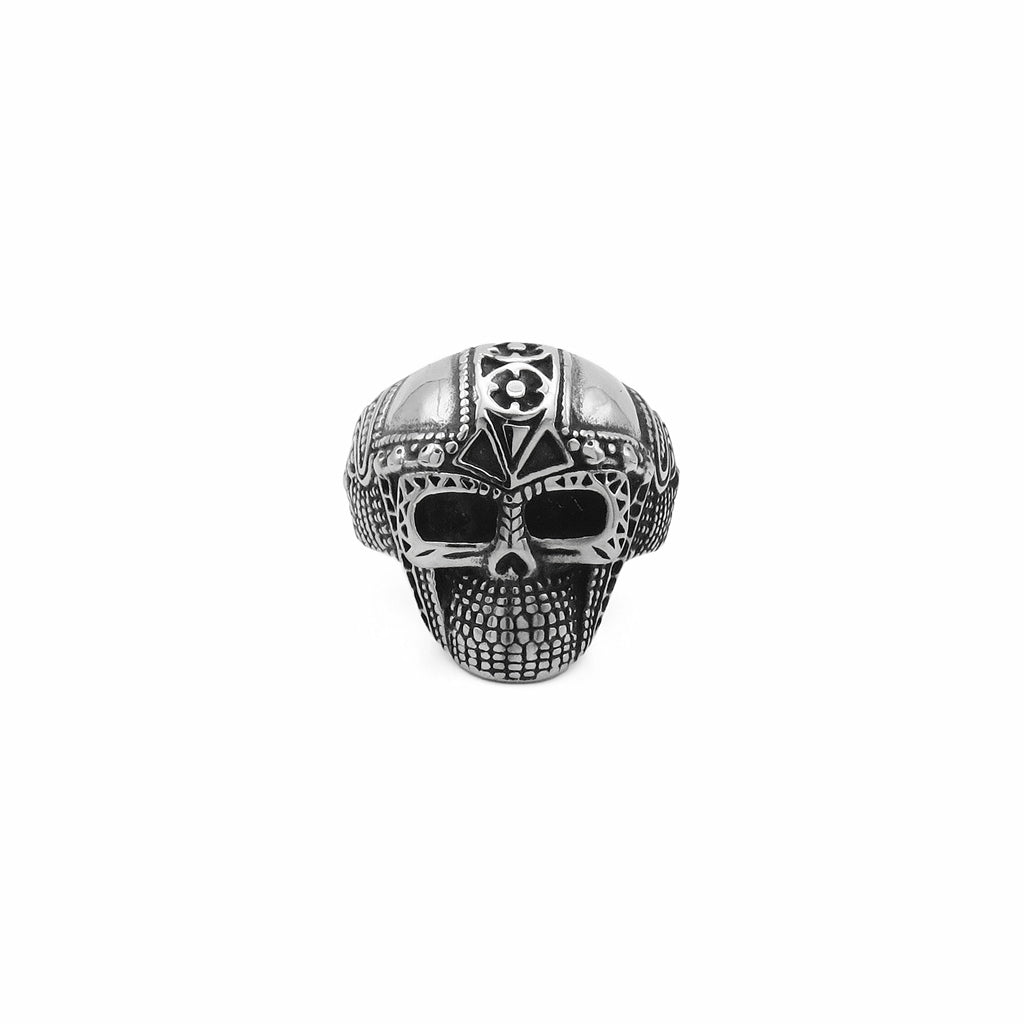 Stainless Steel Skull Ring with Viking Armor Pattern