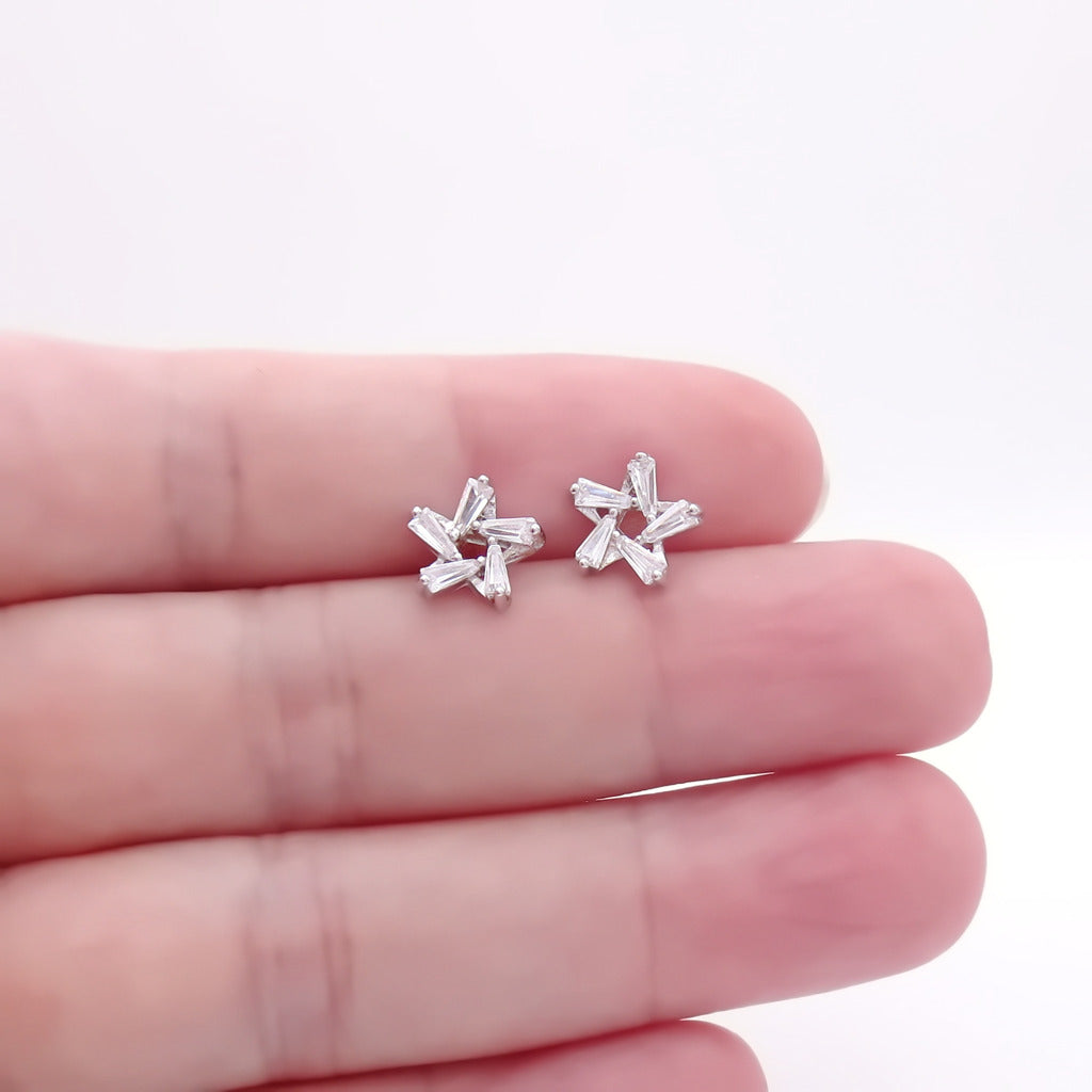 Sterling Silver Baguette CZ Starburst Stud Earrings