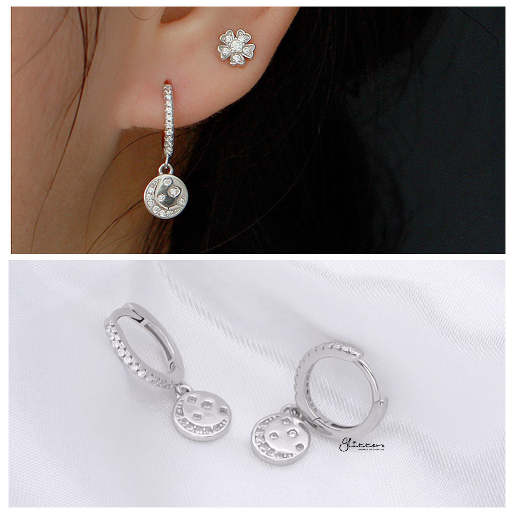 Sterling Silver Huggie Hoop Earrings with Circle Charm - Silver-Hoop Earrings-2-Glitters