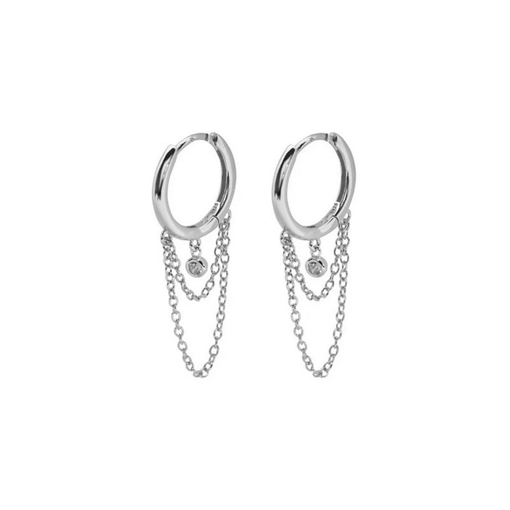 Round CZ Charm with Chains Huggie Hoop Earrings - Silver-Hoop Earrings-1-Glitters