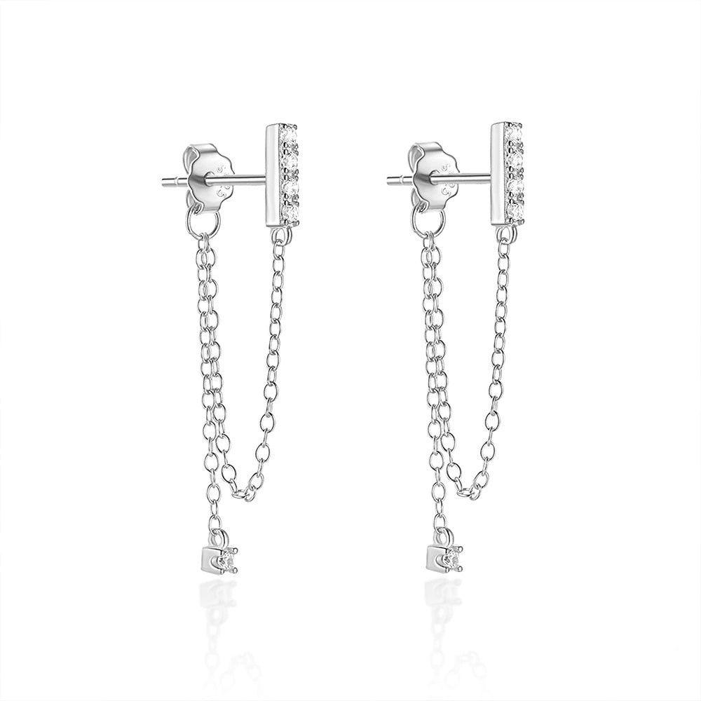 CZ Paved Bar with Chain Stud Earrings - Silver-Stud Earrings-1-Glitters