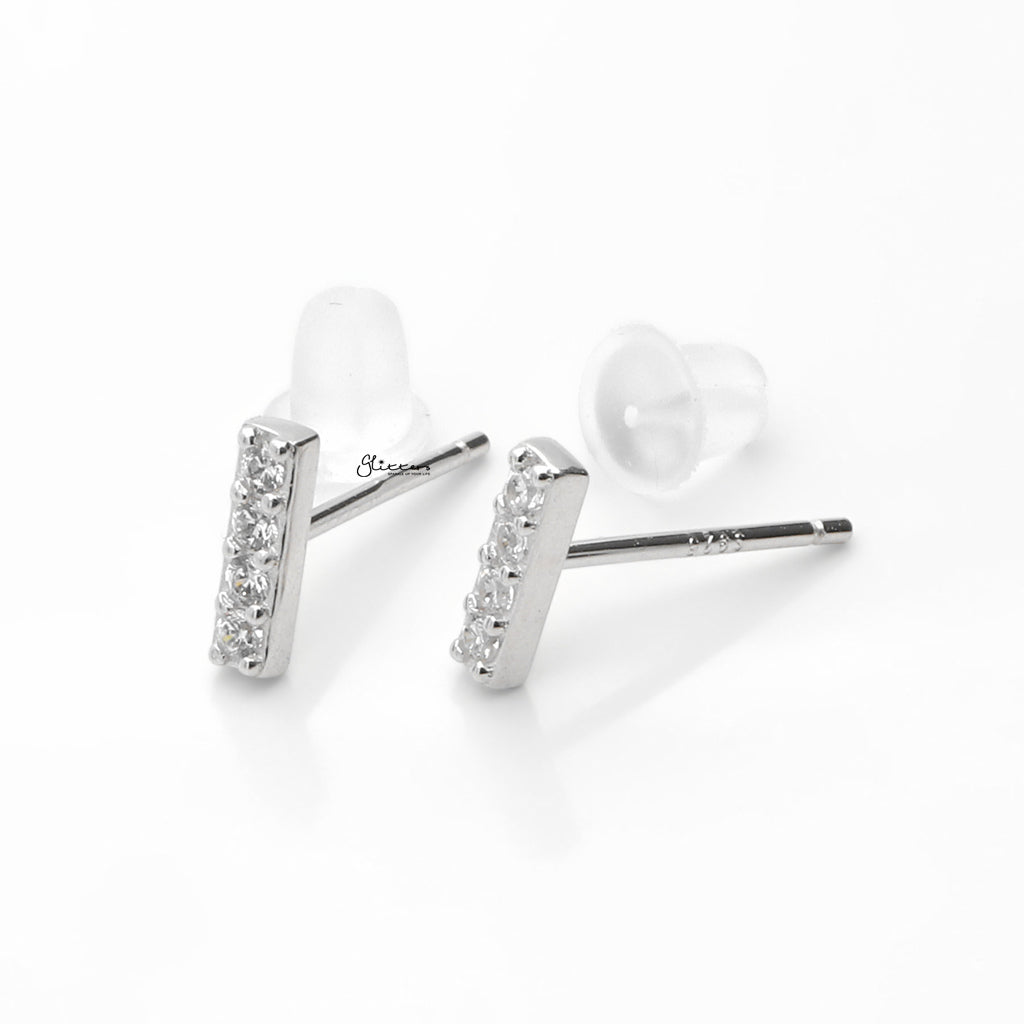 CZ Paved Bar Stud Earrings - Silver-Stud Earrings-3-Glitters