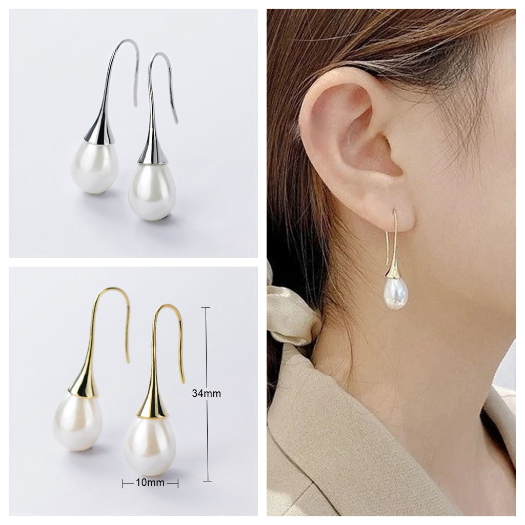 Teardrop Pearl Sterling Silver Hook Earrings - Gold