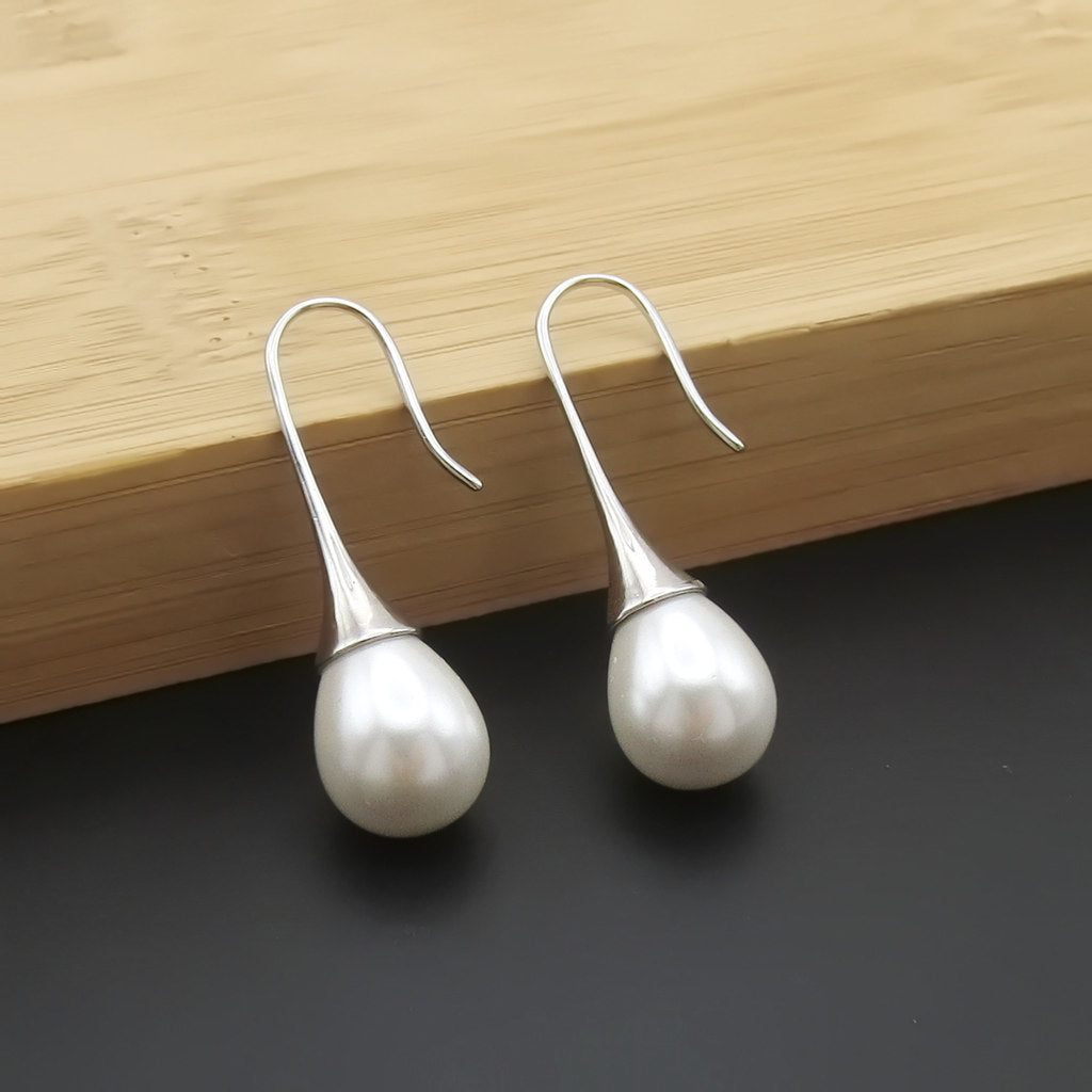 Teardrop Pearl Sterling Silver Hook Earrings - Silver