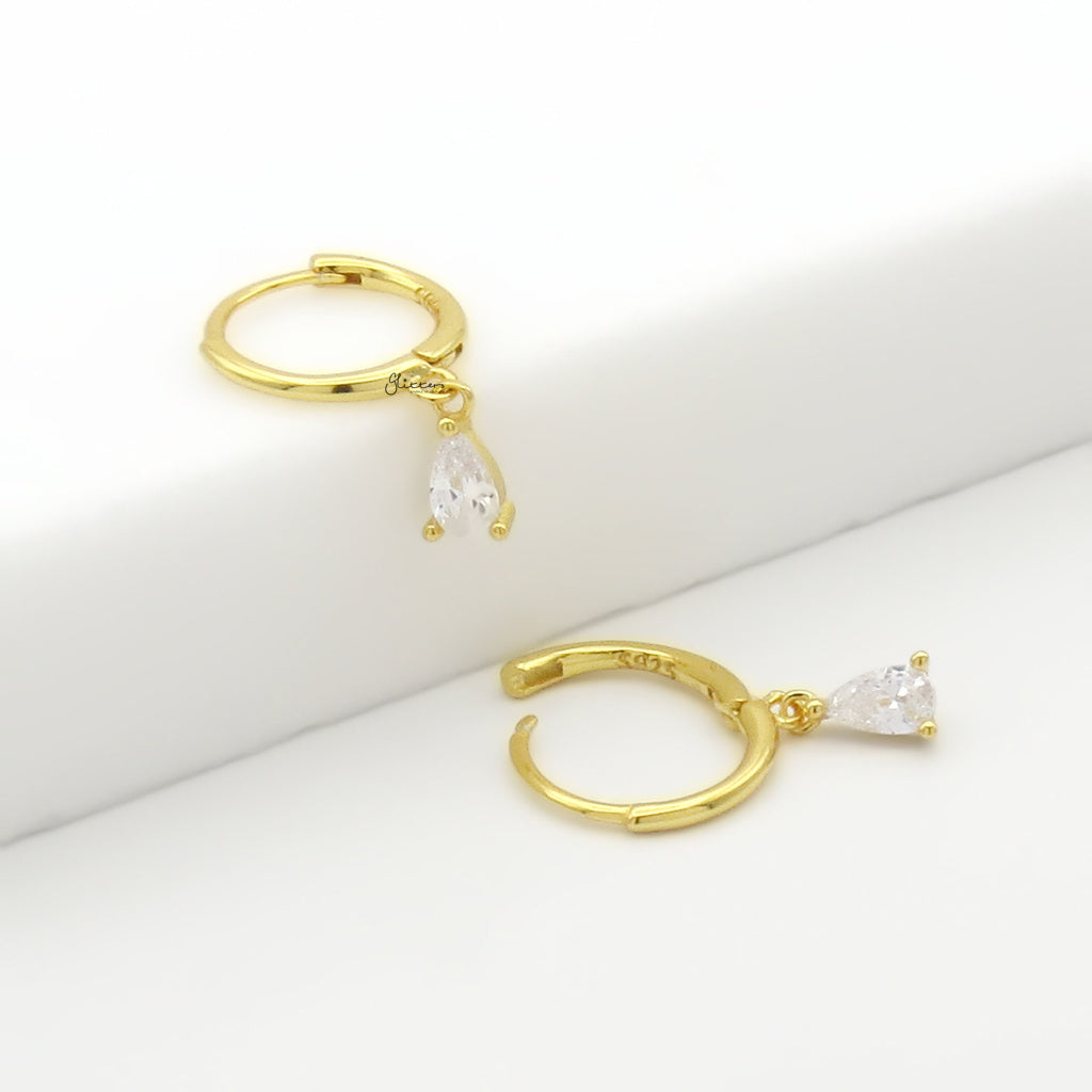 CZ Teardrop Charm Sterling Silver Hoop Earrings - Gold-Hoop Earrings-4-Glitters