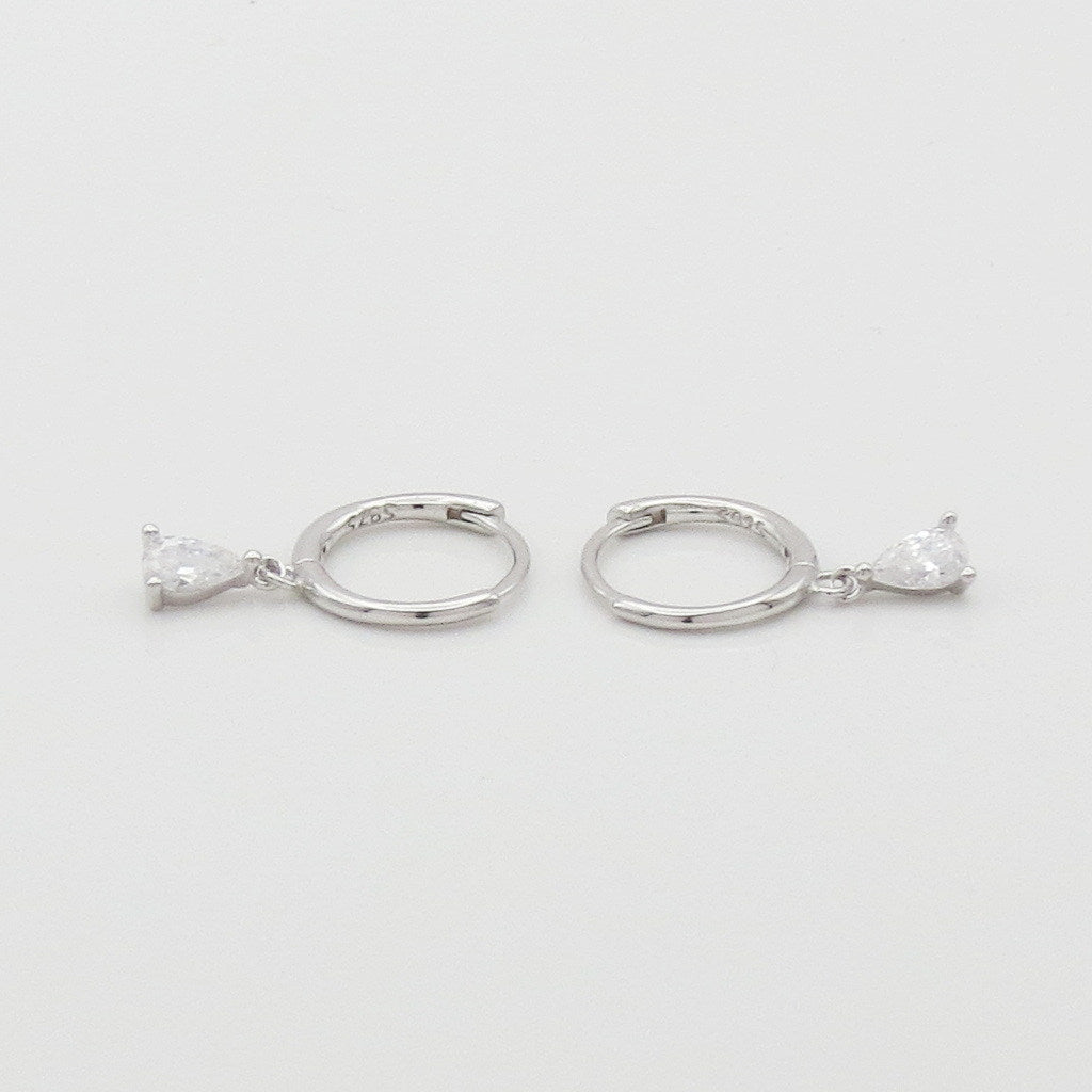 CZ Teardrop Charm Sterling Silver Hoop Earrings - Silver-Hoop Earrings-1-Glitters