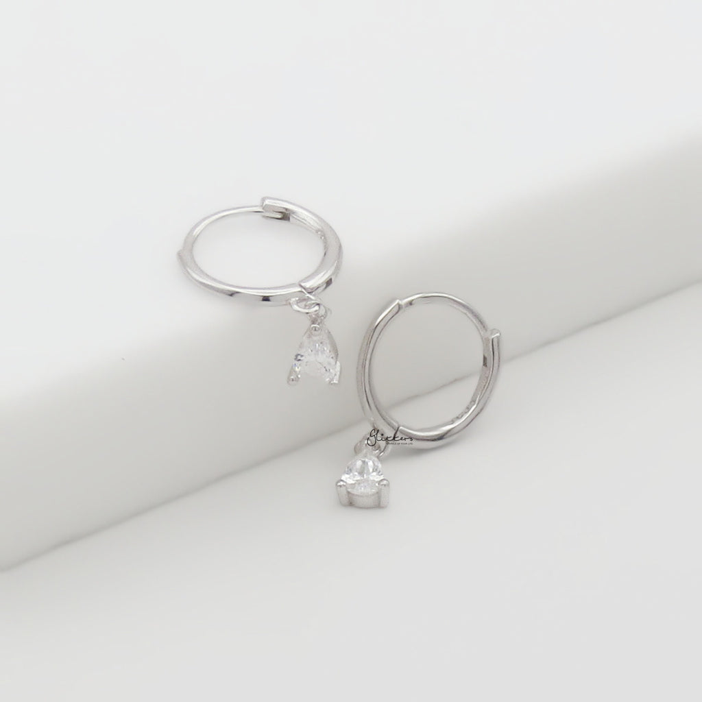 CZ Teardrop Charm Sterling Silver Hoop Earrings - Silver-Hoop Earrings-5-Glitters