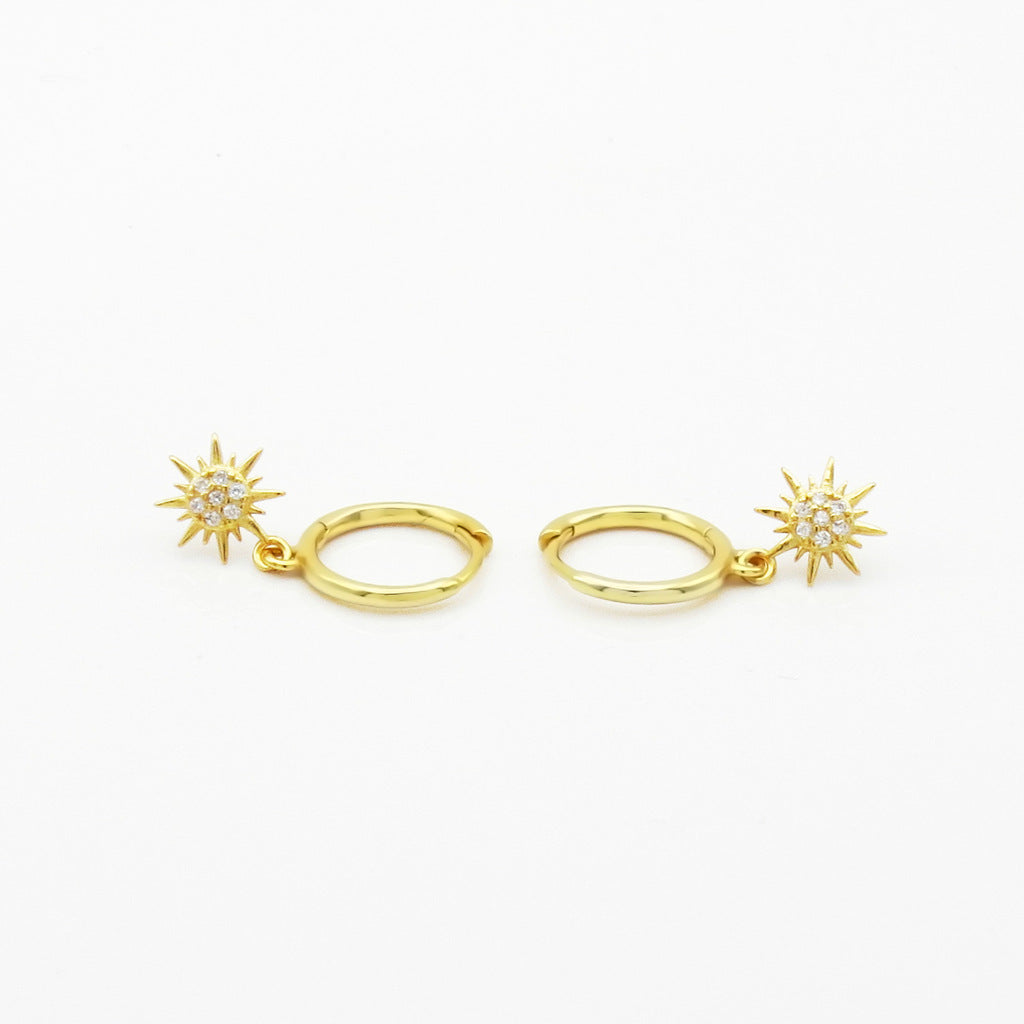 Sterling Silver CZ Sunburst Dangle Hoop Earrings - Gold