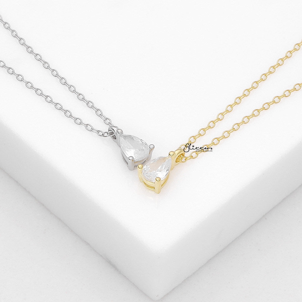 Sterling Silver Tear Drop CZ Charm Necklace - Gold-Sterling Silver Necklaces-2-Glitters