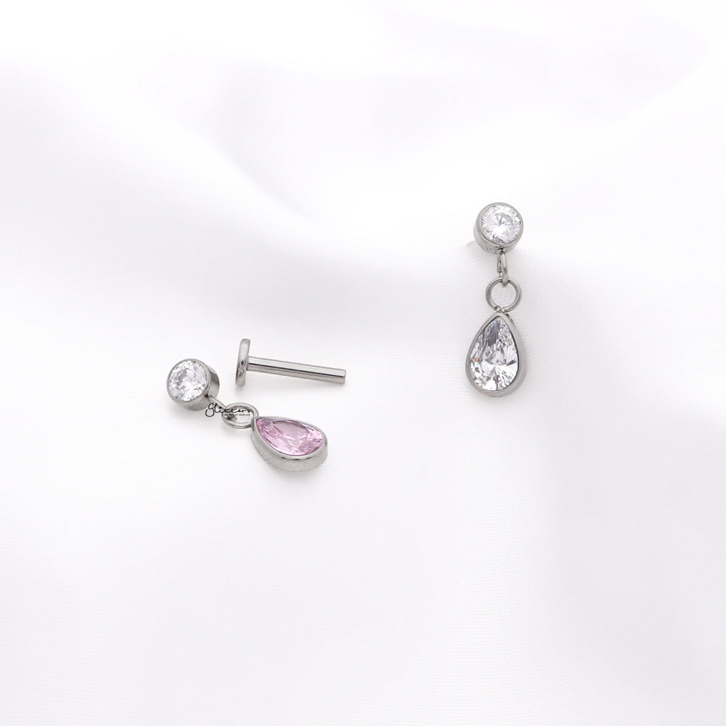 Teardrop CZ Top Internally Threaded Flat Back Stud - Pink-Tragus | Cartilage | Daith | Conch-3-Glitters