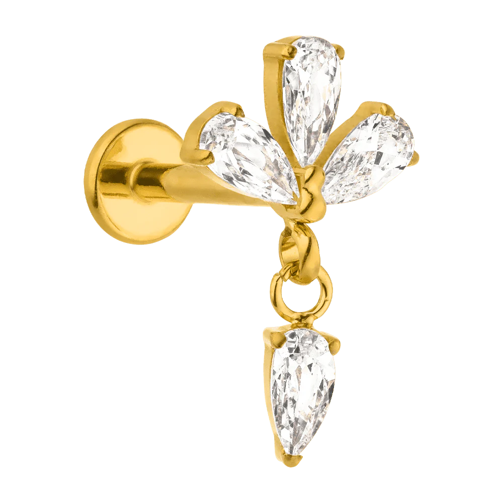 Flower with Dangling Teardrop CZ Titanium Flat Back Stud Earrings-Tragus | Cartilage | Daith | Conch-2-Glitters