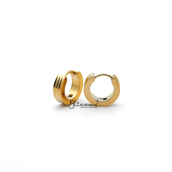 Stainless Steel Hinged Hoop Earrings with Grooves Carved Center - Gold-earrings, Hoop Earrings, Huggie Earrings, Jewellery, Men's Earrings, Men's Jewellery, Stainless Steel, Women's Earrings, Women's Jewellery-ER0304_Grooves_Carved_G02-Glitters