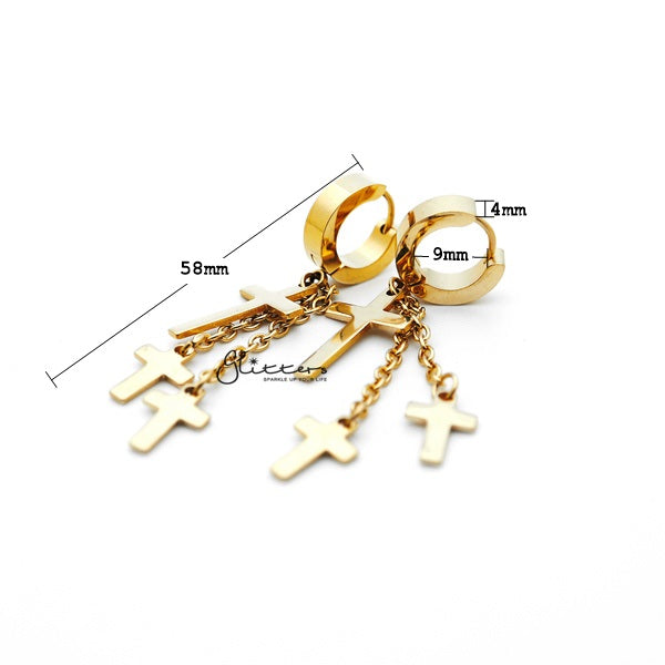 18K Gold IP Stainless Steel 3 Cross and Chain Dangle Hinged Hoop Earrings-Chain Earring, earrings, Hinged Earrings, Hoop Earrings, Huggie Earrings, Jewellery, Men's Earrings, Men's Jewellery, Stainless Steel, Women's Earrings, Women's Jewellery-ER1415_G02_New-Glitters