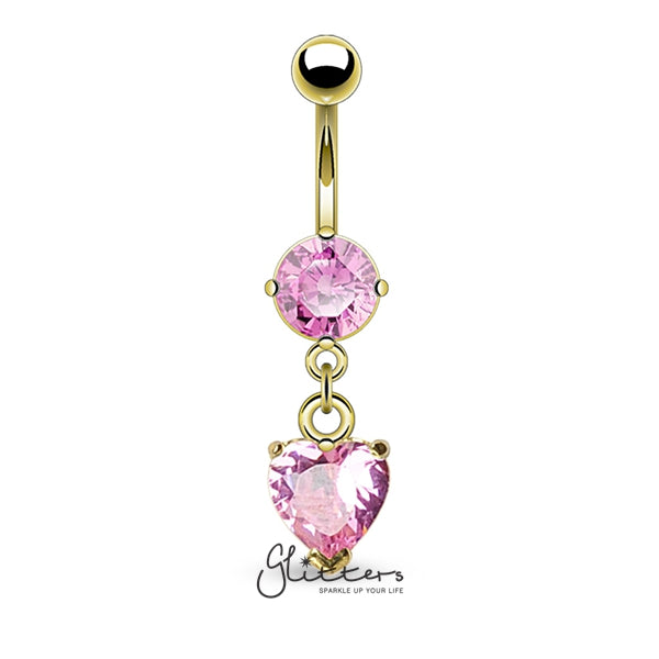 14kt Gold Ion Plated Pink Heart Shaped Cubic Zirconia Dangle Belly Button Ring-Belly Ring, Body Piercing Jewellery, Cubic Zirconia-GDPN1002-P-1-Glitters