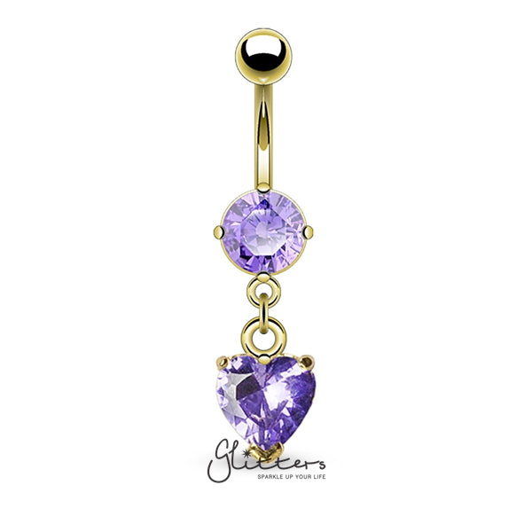 14kt Gold Ion Plated Tanzanite Heart Shaped Cubic Zirconia Dangle Belly Button Ring-Belly Ring, Body Piercing Jewellery, Cubic Zirconia-GDPN1002-TZ-2-Glitters