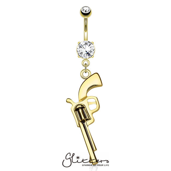 Gun Dangle Cubic Zirconia Prong Set Surgical Steel Navel Ring-Gold-Belly Ring, Body Piercing Jewellery, Cubic Zirconia-N15690-GDC-2-Glitters