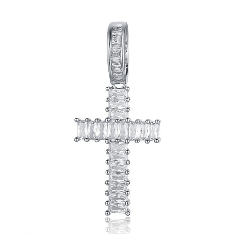 Baguette Diamond Cross Pendant - Silver-Hip Hop, Hip Hop Pendant, Iced Out, Jewellery, Men's Necklace, Necklaces, Pendants, Women's Jewellery, Women's Necklace-NK1045-S-800-Glitters