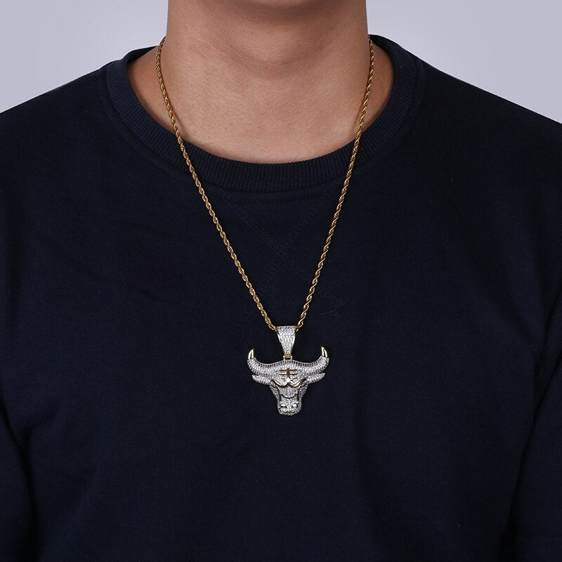 Bull Head Pendant - Silver-Hip Hop, Hip Hop Pendant, Iced Out, Men's Necklace, Necklaces, Pendants-NK1050-G2_185d7f5a-edef-4729-9158-a6c0909d1ff7-Glitters