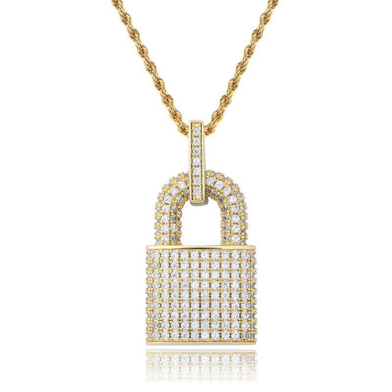 Iced Out Lock Pendant - Gold-Hip Hop, Hip Hop Pendant, Iced Out, Men's Necklace, Necklaces, Pendants-NK1064-GC-800-Glitters
