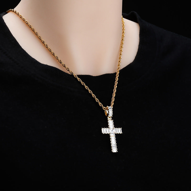 Iced Out Baguette Cut Cross Pendant - Gold-Hip Hop, Hip Hop Pendant, Iced Out, Jewellery, Men's Necklace, Necklaces, Pendants, Women's Jewellery, Women's Necklace-NK1065-GC-Glitters