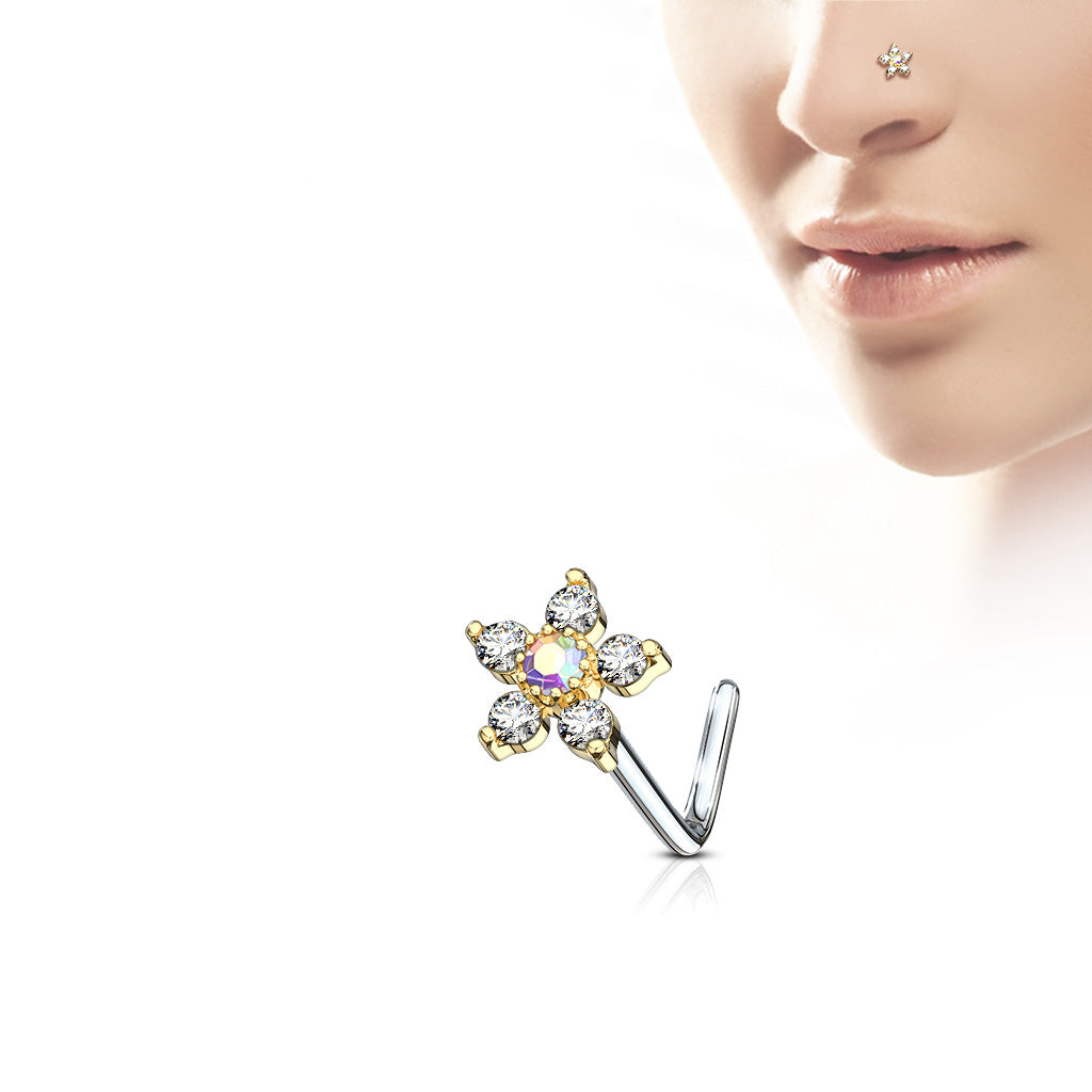 316L Surgical Steel with 6 C.Z Flower L Bend Nose Stud Ring-Body Piercing Jewellery, Cubic Zirconia, L Bend, Nose Piercing Jewellery, Nose Studs-NS0080-G-Glitters