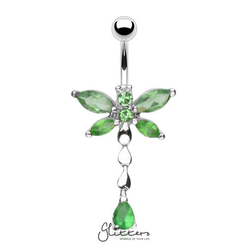 316L Surgical Steel Cubic Zirconia Dragonfly Dangle Belly Ring-Green-Belly Ring, Body Piercing Jewellery, Cubic Zirconia-NSR6583-G-2-Glitters