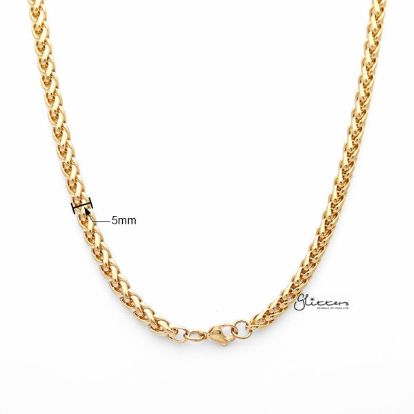 18K Gold I.P Stainless Steel Braided Wheat Chain Men's Necklaces - 5mm width | 61cm length-Chain Necklaces, Jewellery, Men's Chain, Men's Jewellery, Men's Necklace, Necklaces, Stainless Steel, Stainless Steel Chain-SC0052-01_New-Glitters