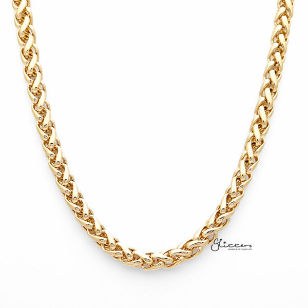 18K Gold I.P Stainless Steel Braided Wheat Chain Men's Necklaces - 7mm width | 61cm length-Chain Necklaces, Jewellery, Men's Chain, Men's Jewellery, Men's Necklace, Necklaces, Stainless Steel, Stainless Steel Chain-SC0053-01-Glitters