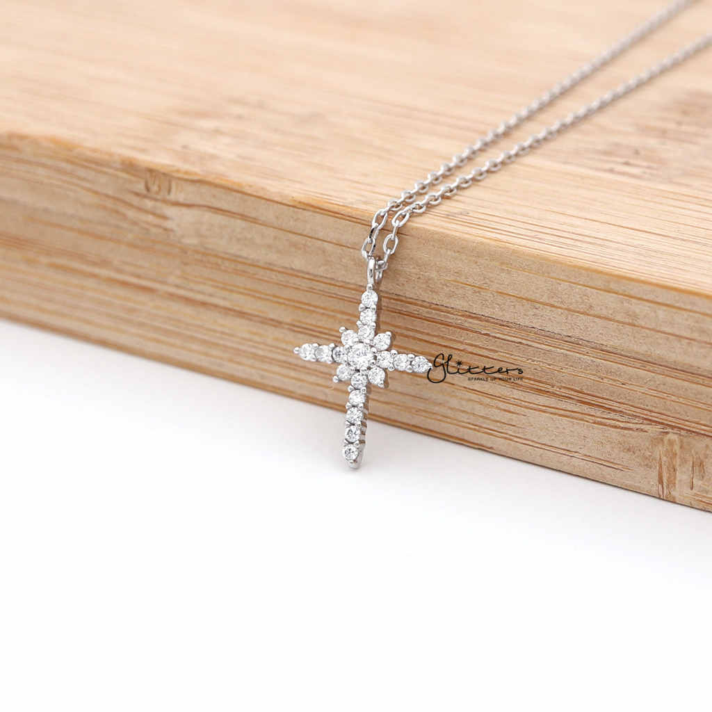 Sterling Silver CZ Paved Cross Women's Necklace with 43cm Chain-Cubic Zirconia, Jewellery, Necklaces, Sterling Silver Necklaces, Women's Jewellery, Women's Necklace-SSP0125_1000-02-Glitters