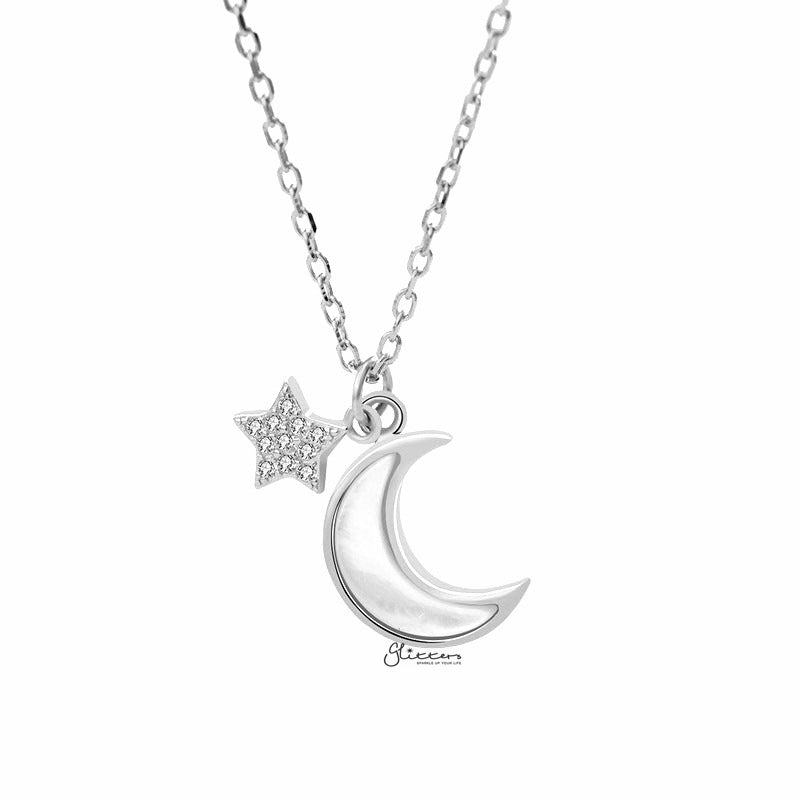 Sterling Silver Moon and Star Necklace - Silver-Cubic Zirconia, Jewellery, Necklaces, Sterling Silver Necklaces, Women's Jewellery, Women's Necklace-SSP0168-S1-Glitters