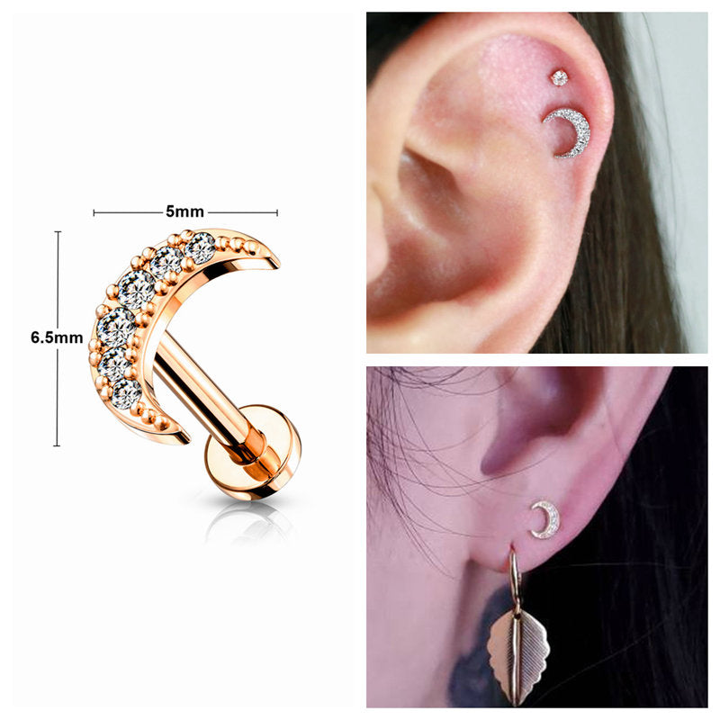 C.Z Moon Top Cartilage/Tragus Flat Back Stud - Rose Gold-Body Piercing Jewellery, Cartilage, Cubic Zirconia, Jewellery, Tragus, Women's Earrings, Women's Jewellery-TG0028-RG-m-Glitters