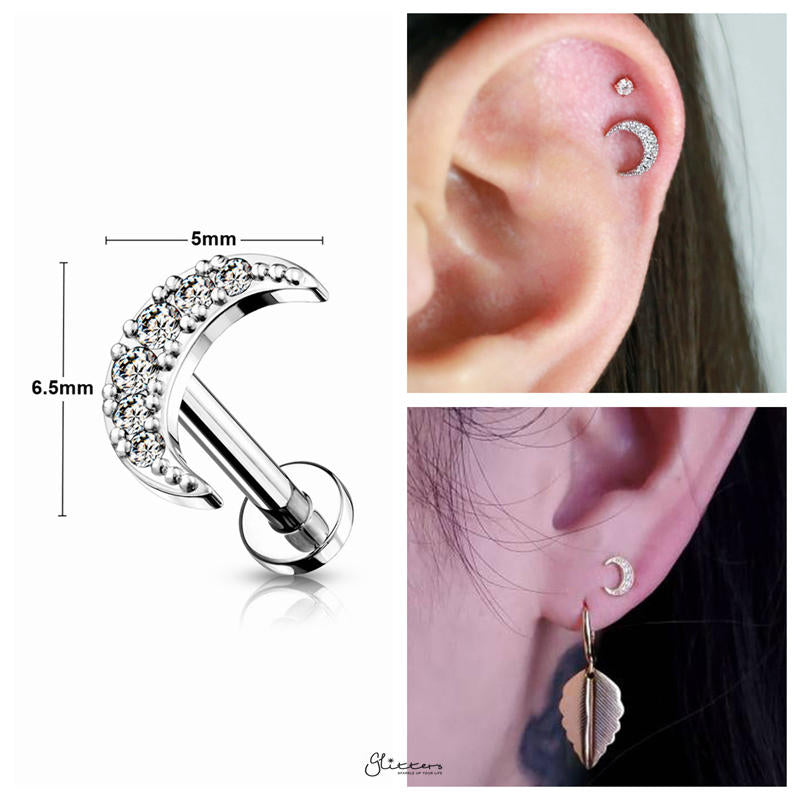 C.Z Moon Internally Threaded Top Cartilage/Tragus Flat Back Studs - Silver-Body Piercing Jewellery, Cartilage, Cubic Zirconia, Jewellery, Tragus, Women's Earrings, Women's Jewellery-2-Glitters