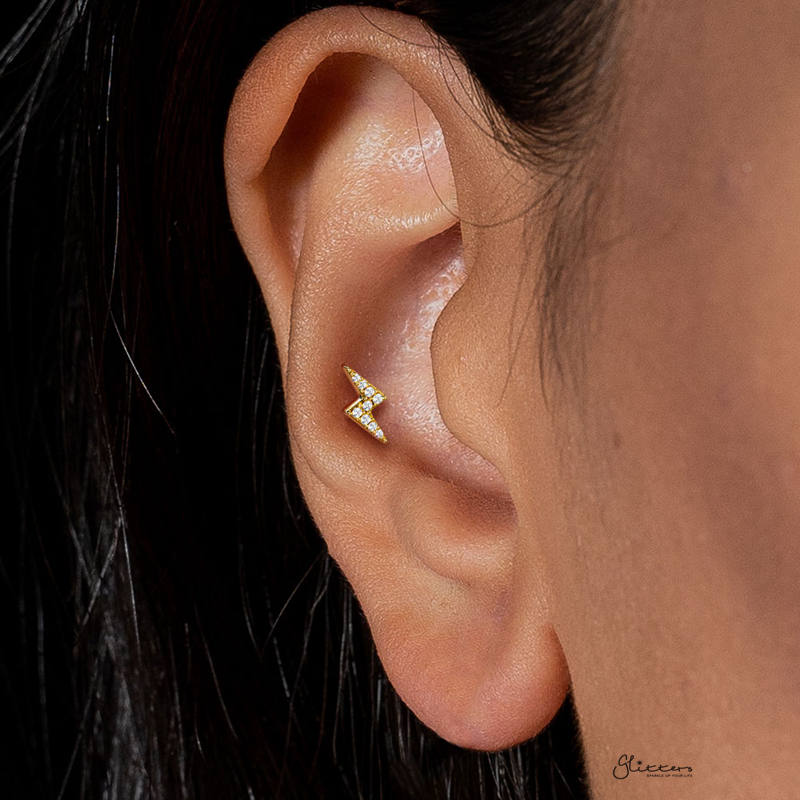 CZ Lightning Bolt Tragus Cartilage Barbell Stud - Rose Gold-Body Piercing Jewellery, Cartilage, Cubic Zirconia, Jewellery, Tragus, Women's Earrings, Women's Jewellery-TG0131-M_b1a563e0-3a30-4950-9218-faaf221230bc-Glitters
