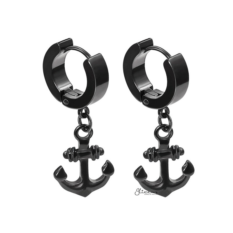 Anchor Dangle Huggie Hoop Earrings - Black-earrings, Hoop Earrings, Huggie Earrings, Jewellery, Men's Earrings, Men's Jewellery, Stainless Steel, Women's Earrings-er1482-k_1-Glitters