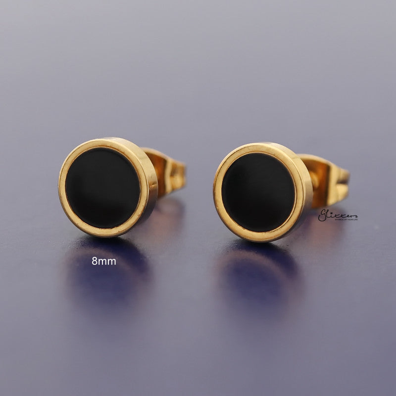 Stainless Steel Round Stud Earrings with Black Center - Gold-earrings, Jewellery, Men's Earrings, Men's Jewellery, Stainless Steel, Stud Earrings, Women's Earrings-er1484-G-8mm_800-Glitters