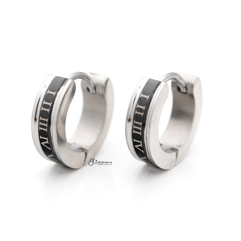 Roman Numerals Hinged Hoop Earrings with Black Center-earrings, Hoop Earrings, Huggie Earrings, Jewellery, Men's Earrings, Men's Jewellery, Stainless Steel-er1486_800-Glitters