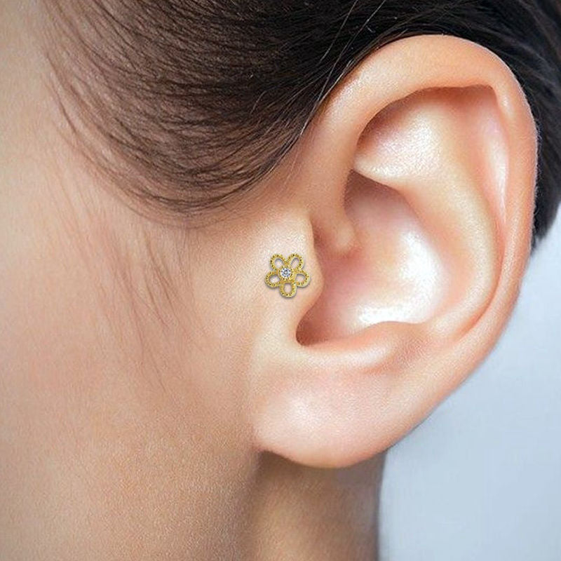 Flower with C.Z Center Cartilage Tragus Barbell - Gold-Body Piercing Jewellery, Cartilage, Cubic Zirconia, Flat back, Jewellery, Tragus, Women's Earrings, Women's Jewellery-2478672487_8w41-Glitters