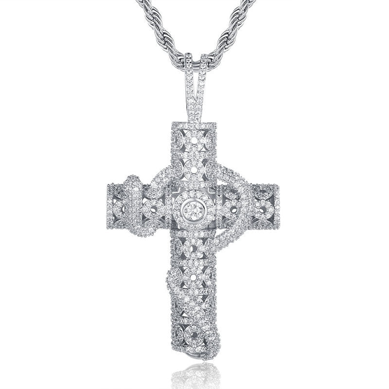 Snake Winding Cross Pendant - Silver-Hip Hop, Hip Hop Pendant, Iced Out, Jewellery, Men's Necklace, Necklaces, Pendants, Women's Jewellery, Women's Necklace-nk1043-s-c_800-Glitters