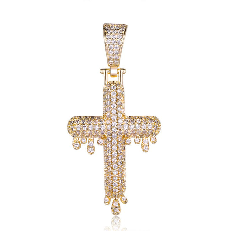 Iced Out Drip Cross Pendant - Gold-Hip Hop, Hip Hop Pendant, Iced Out, Jewellery, Men's Necklace, Necklaces, Pendants, Women's Jewellery, Women's Necklace-nk1053-g-800-Glitters