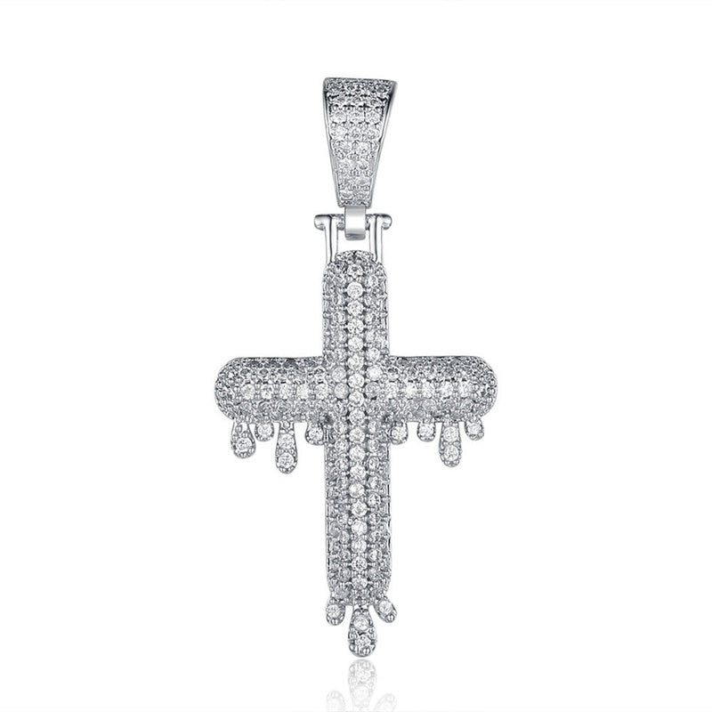 Iced Out Drip Cross Pendant - Silver-Hip Hop, Hip Hop Pendant, Iced Out, Jewellery, Men's Necklace, Necklaces, Pendants, Women's Jewellery, Women's Necklace-nk1053-s-800-Glitters