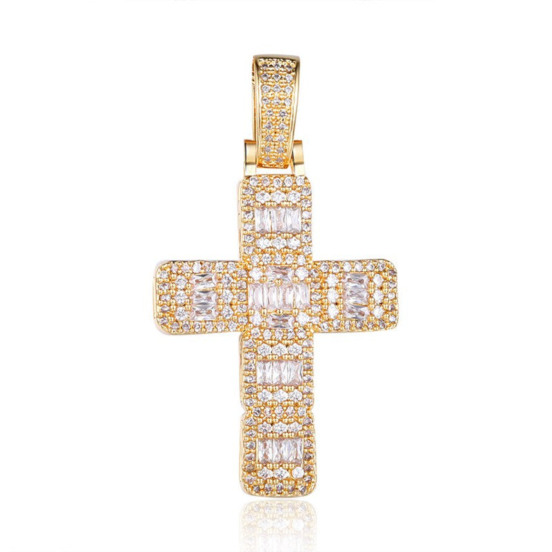 Iced Out Baguette-Cut Cross Pendant - Gold-Hip Hop, Hip Hop Pendant, Iced Out, Jewellery, Men's Necklace, Necklaces, Pendants, Women's Jewellery, Women's Necklace-nk1054-g-800-Glitters