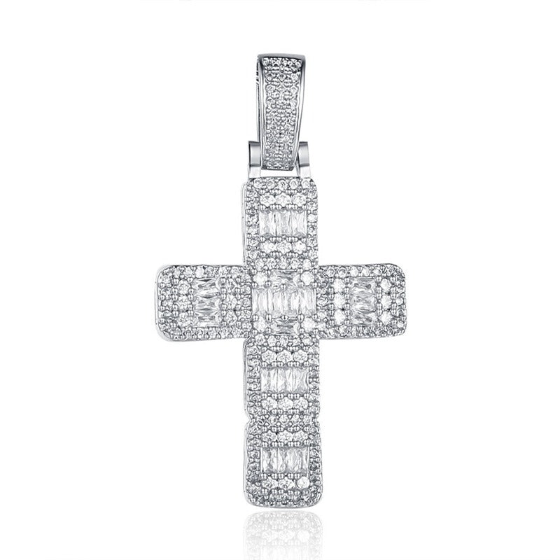 Iced Out Baguette-Cut Cross Pendant - Silver-Hip Hop, Hip Hop Pendant, Iced Out, Jewellery, Men's Necklace, Necklaces, Pendants, Women's Jewellery, Women's Necklace-nk1054-s-800-Glitters