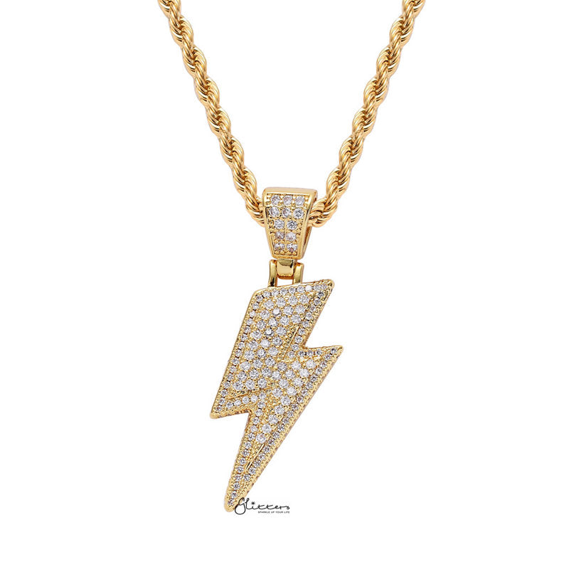 Iced Out Lightning Bolt Pendant - Gold-Hip Hop, Hip Hop Pendant, Iced Out, Men's Necklace, Necklaces, Pendants-nk1073G2-Glitters