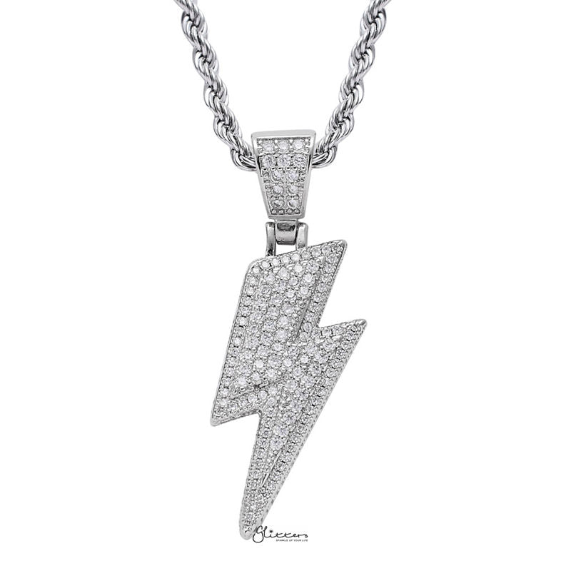 Iced Out Lightning Bolt Pendant - Silver-Hip Hop, Hip Hop Pendant, Iced Out, Men's Necklace, Necklaces, Pendants-nk1073S2-Glitters