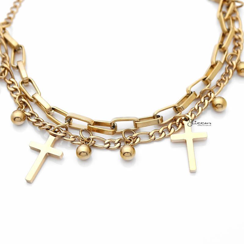 Double Layered Women's Bracelet with Dangle Cross Charms - Gold-Bracelets, Jewellery, Stainless Steel, Stainless Steel Bracelet, Women's Bracelet, Women's Jewellery-sb0073-G2_800-Glitters