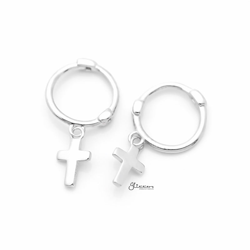 Sterling Silver One-Touch Hoop Earrings with Dangle Cross - Silver-earrings, Hoop Earrings, Jewellery, Women's Earrings, Women's Jewellery-sse0325-s-2_800-Glitters