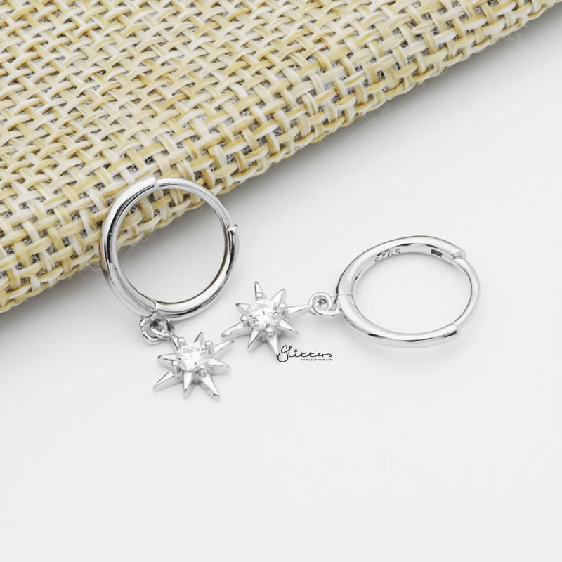 Sterling Silver Huggie Hoop Earrings with Dangle Star - Silver-Cubic Zirconia, earrings, Hoop Earrings, Jewellery, Women's Earrings, Women's Jewellery-sse0412-s3-Glitters